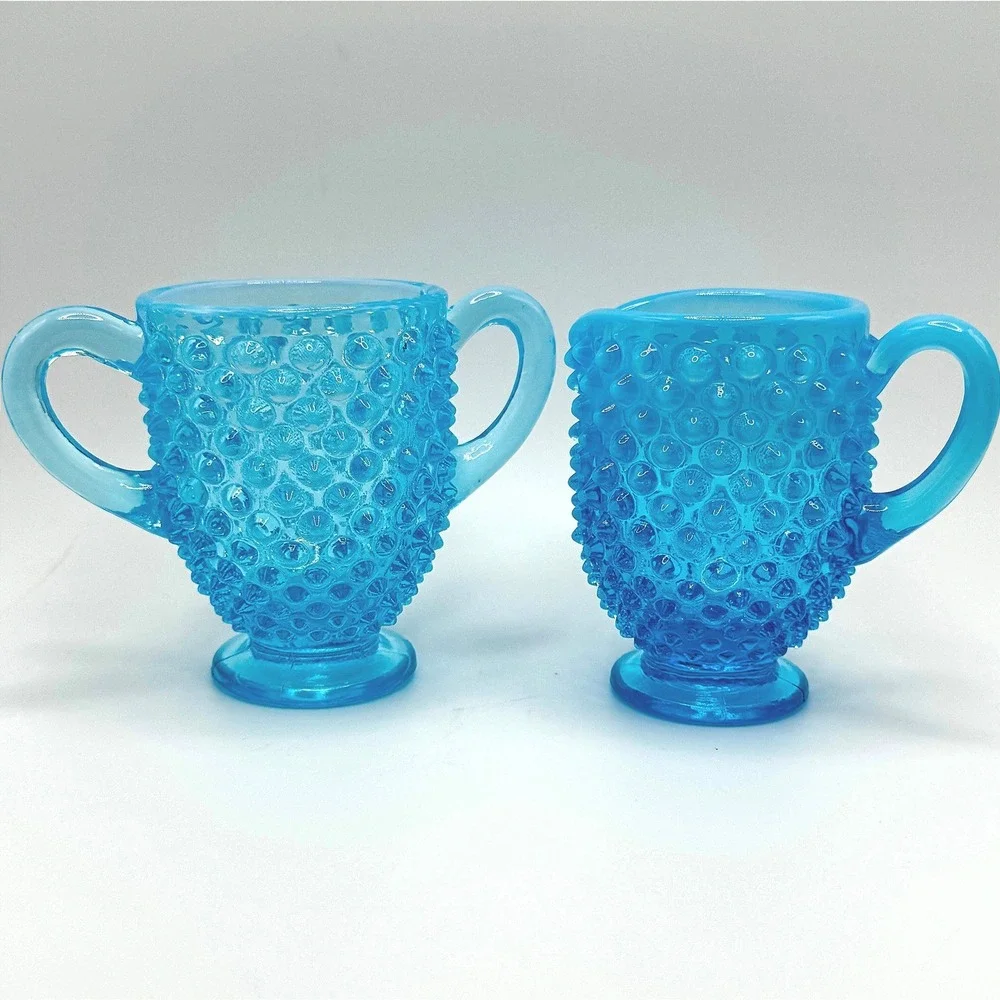Vintage Fenton Blue Opalescent Hobnail Creamer Sugar Bowl Set Footed Glass